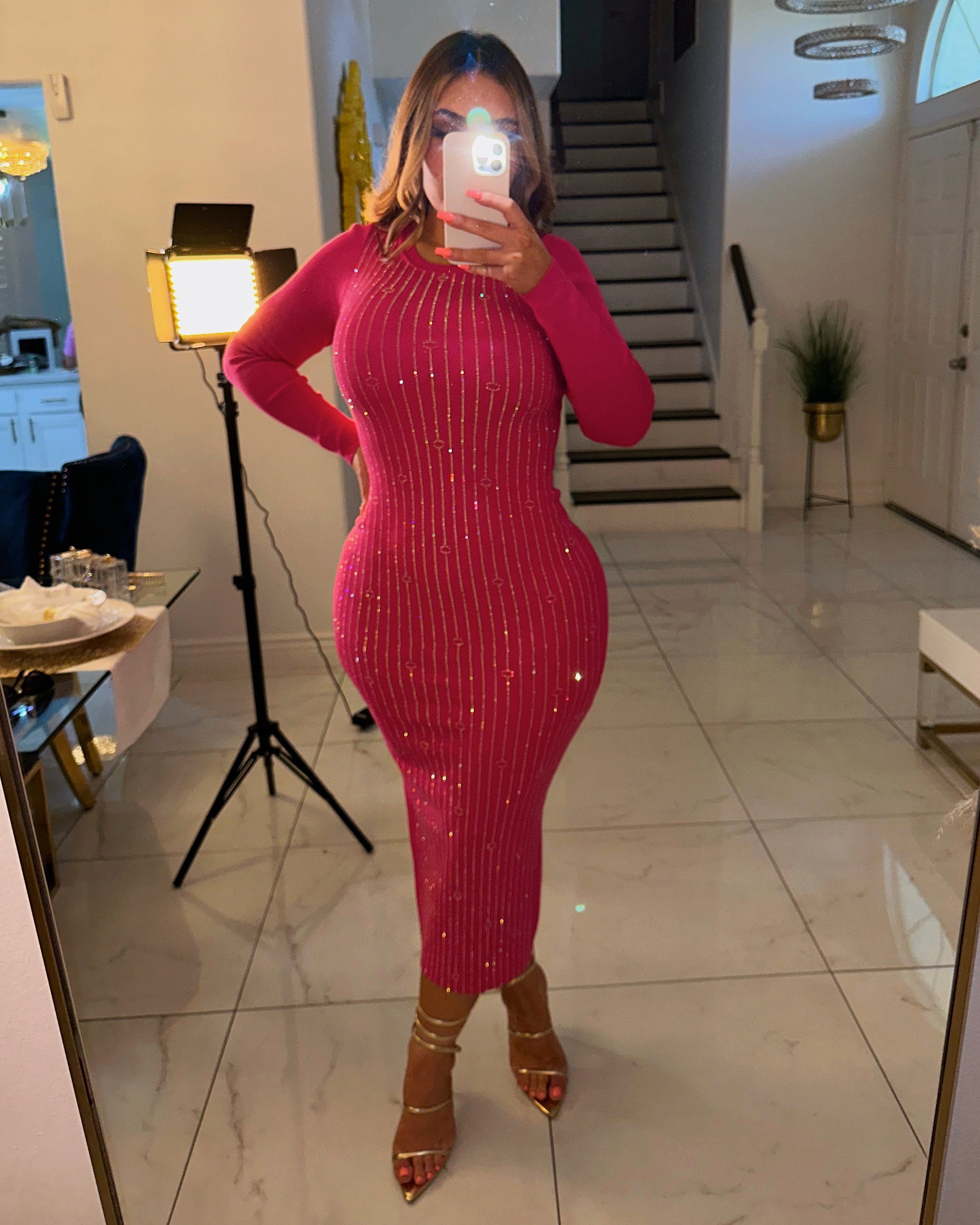 Paris rhinestone bodycon dress-Pink