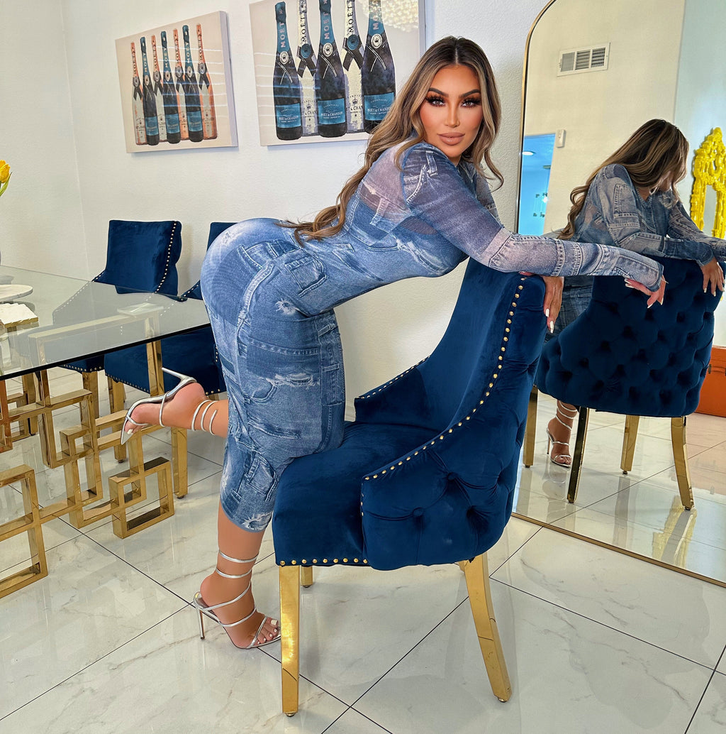 Snatched denim mesh dress