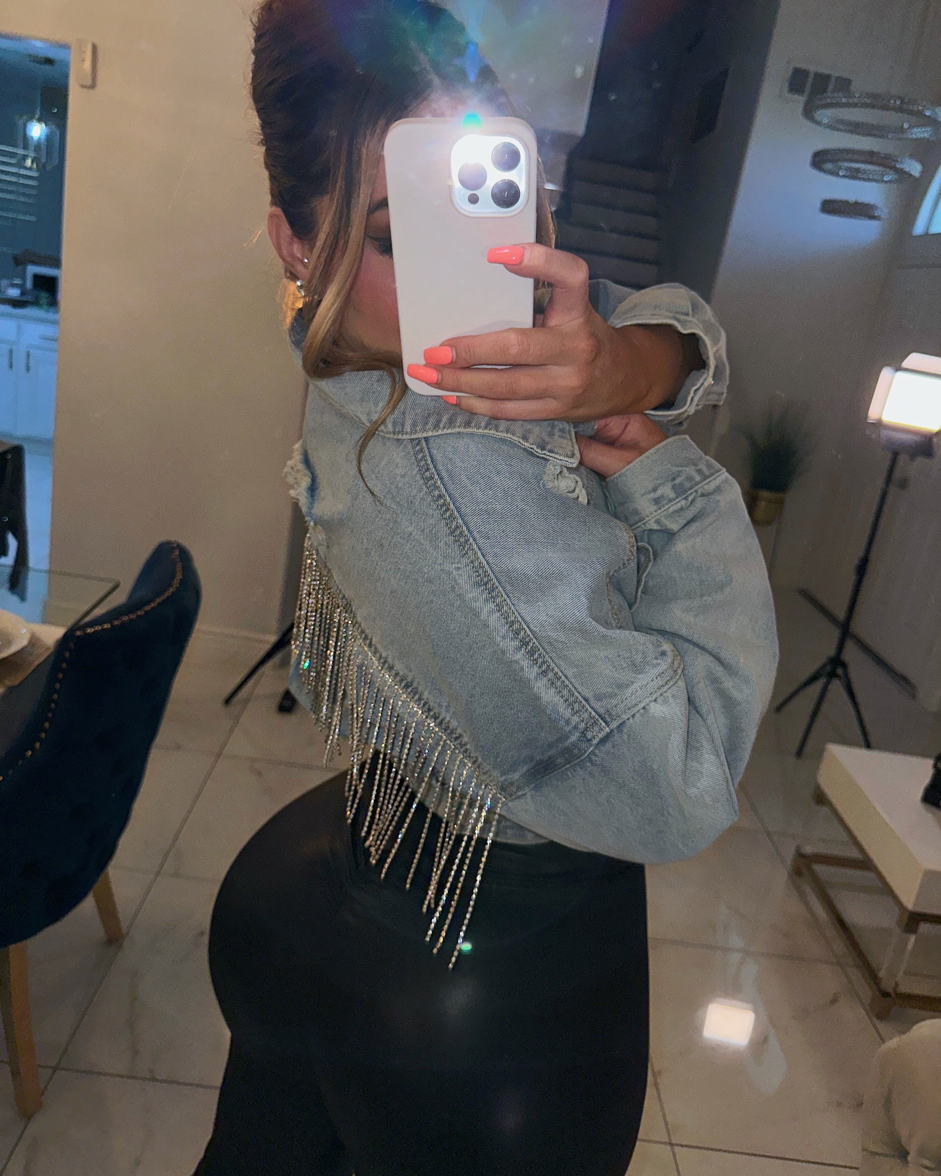 Rhinestone fringe light blue jacket