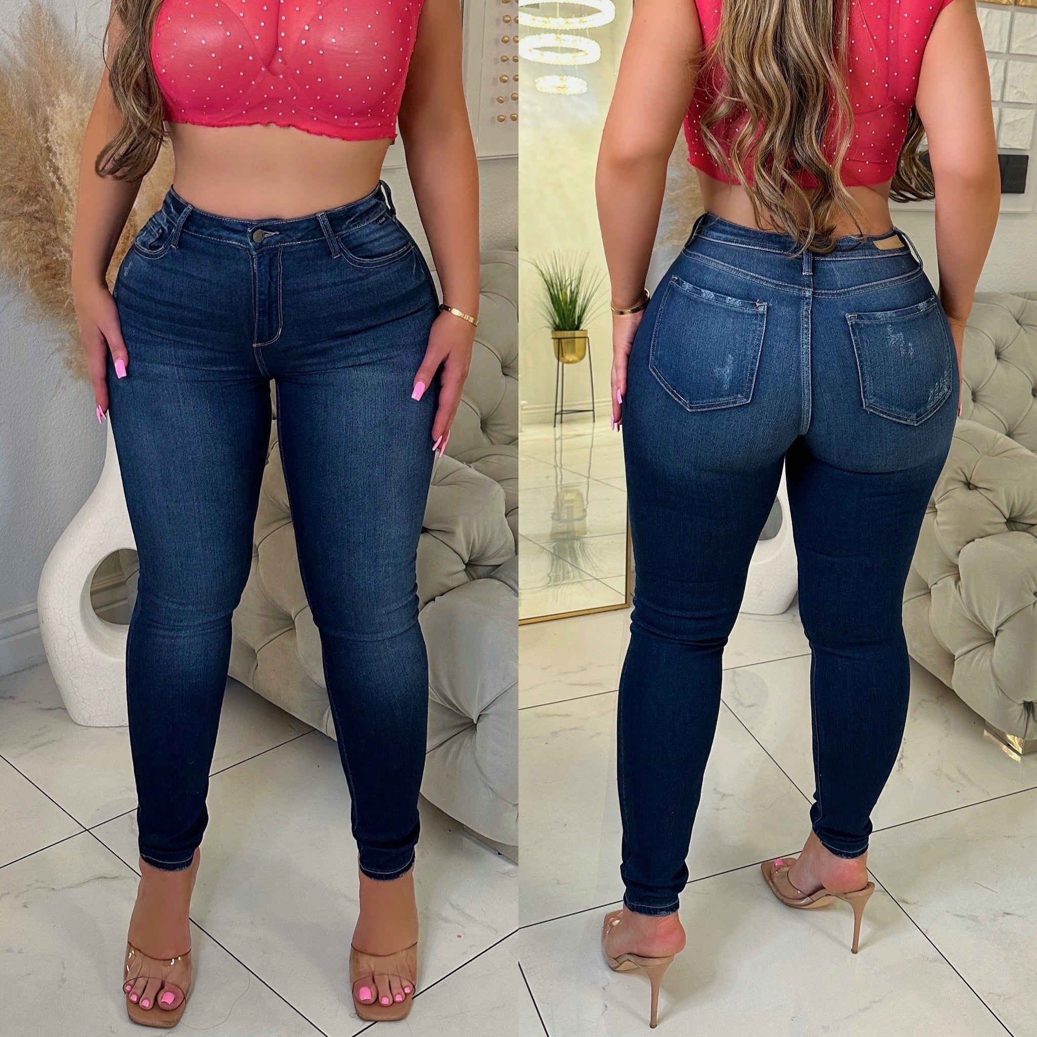 High rise skinny jeans-Dark denim