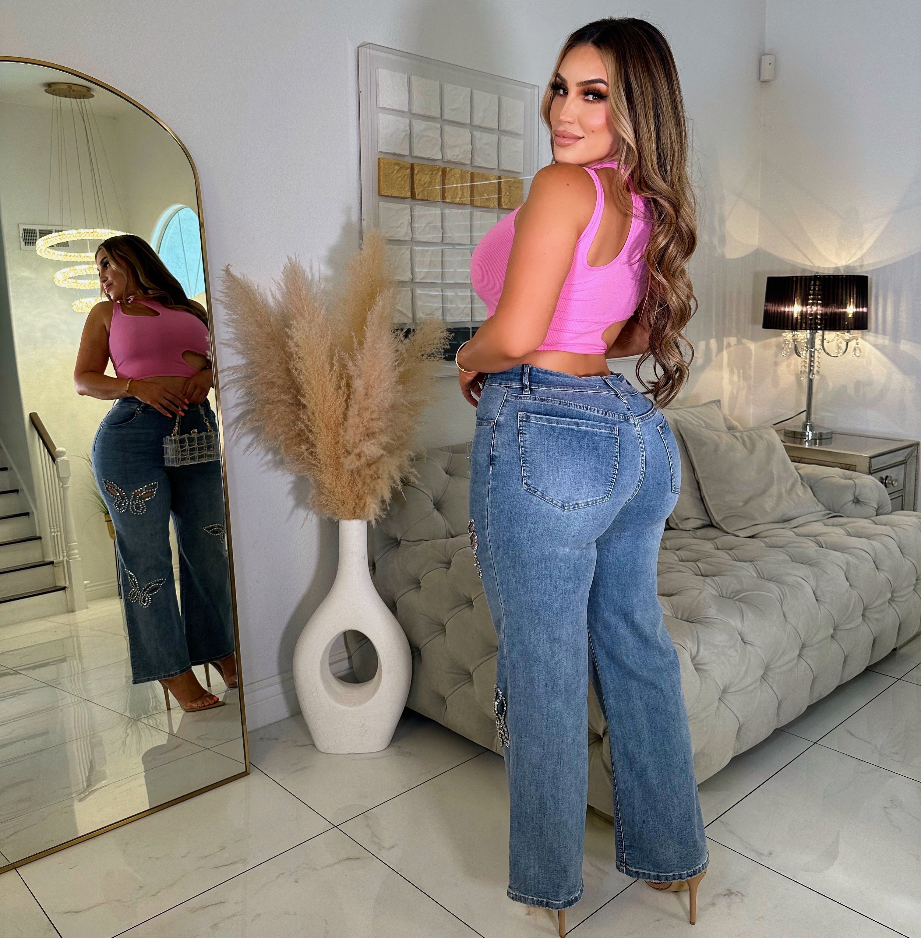Butterfly rhinestone jeans