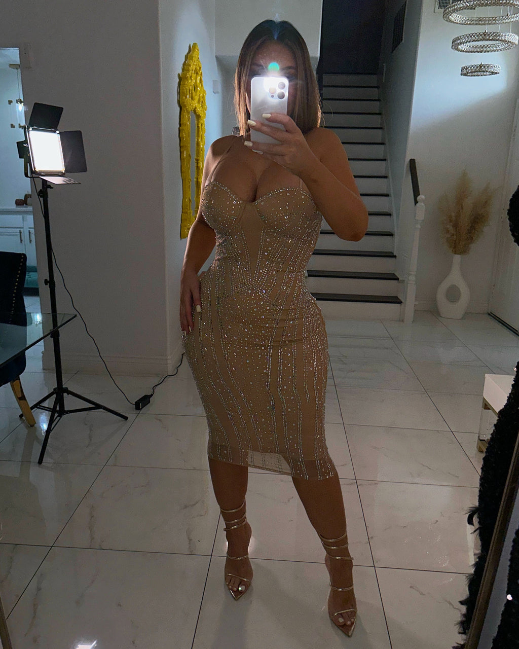 Hidden gem crystal midi dress-Nude