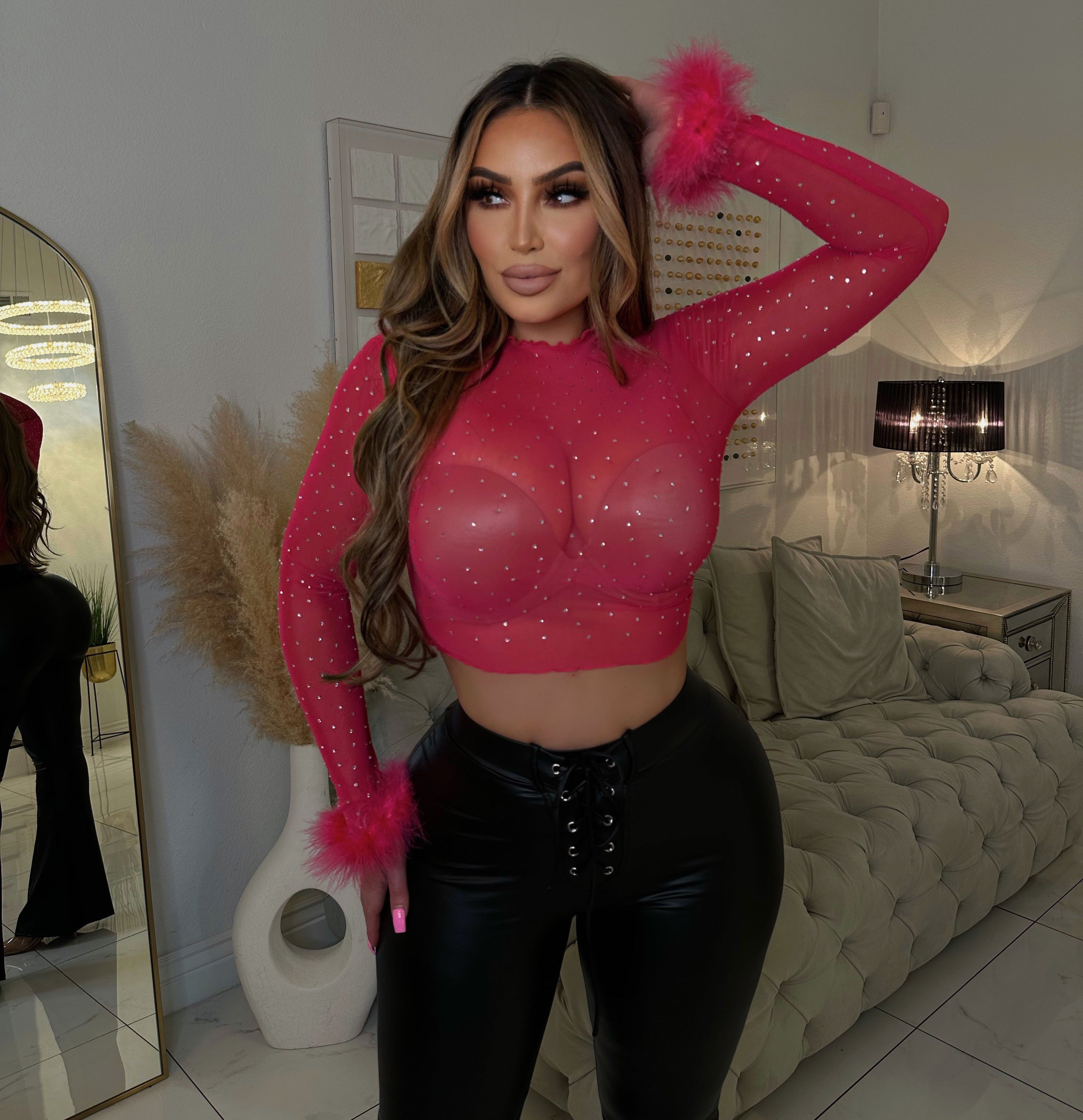 Mia rhinestone/feather top-HOT PINK