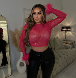 Mia rhinestone/feather top-HOT PINK