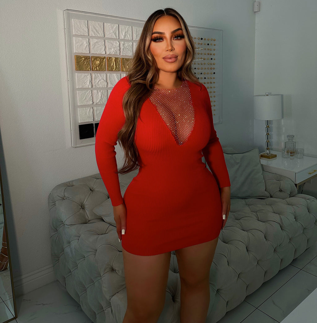 Shiny mesh bodycon dress-Red