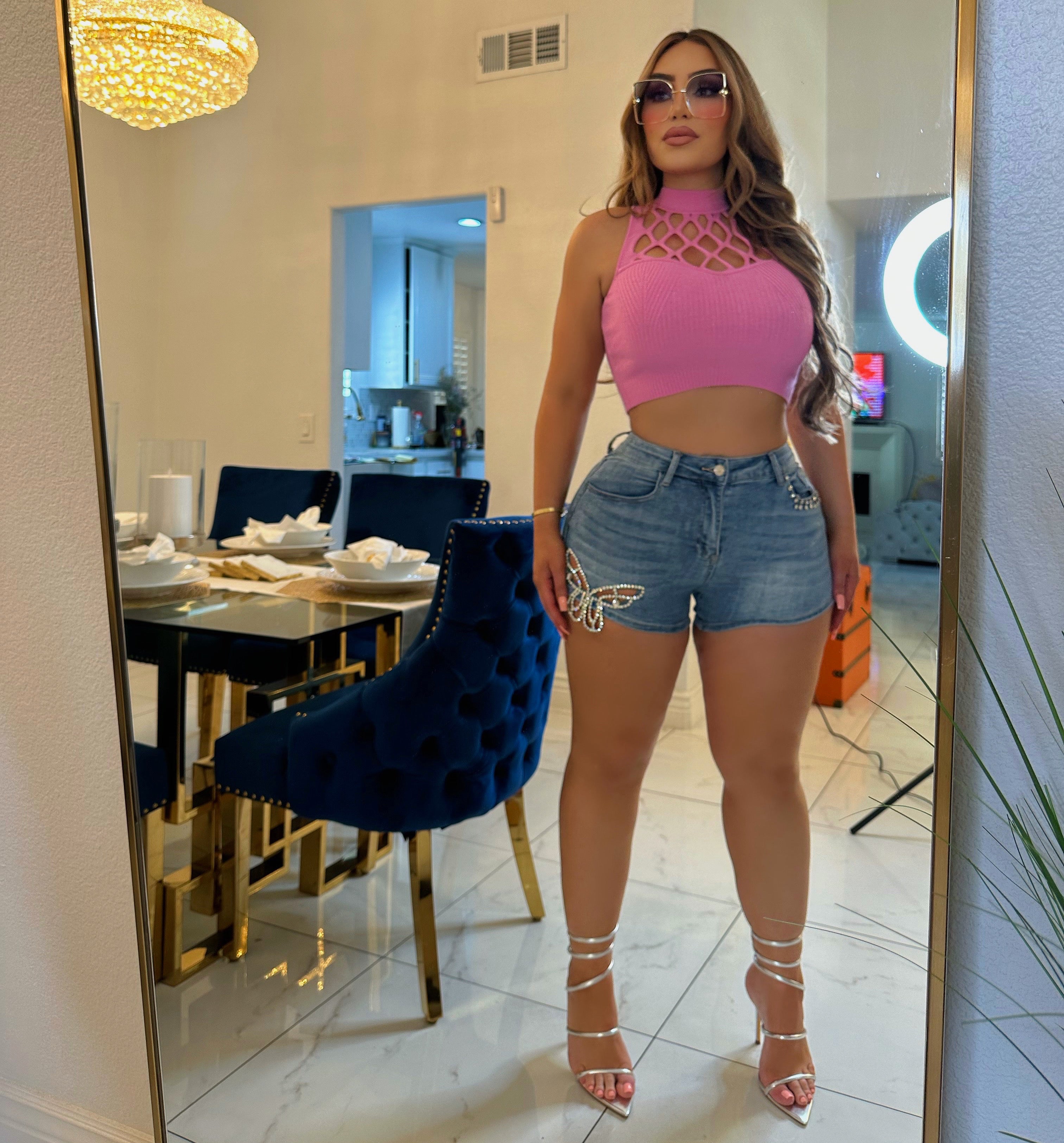Butterfly rhinestone denim short