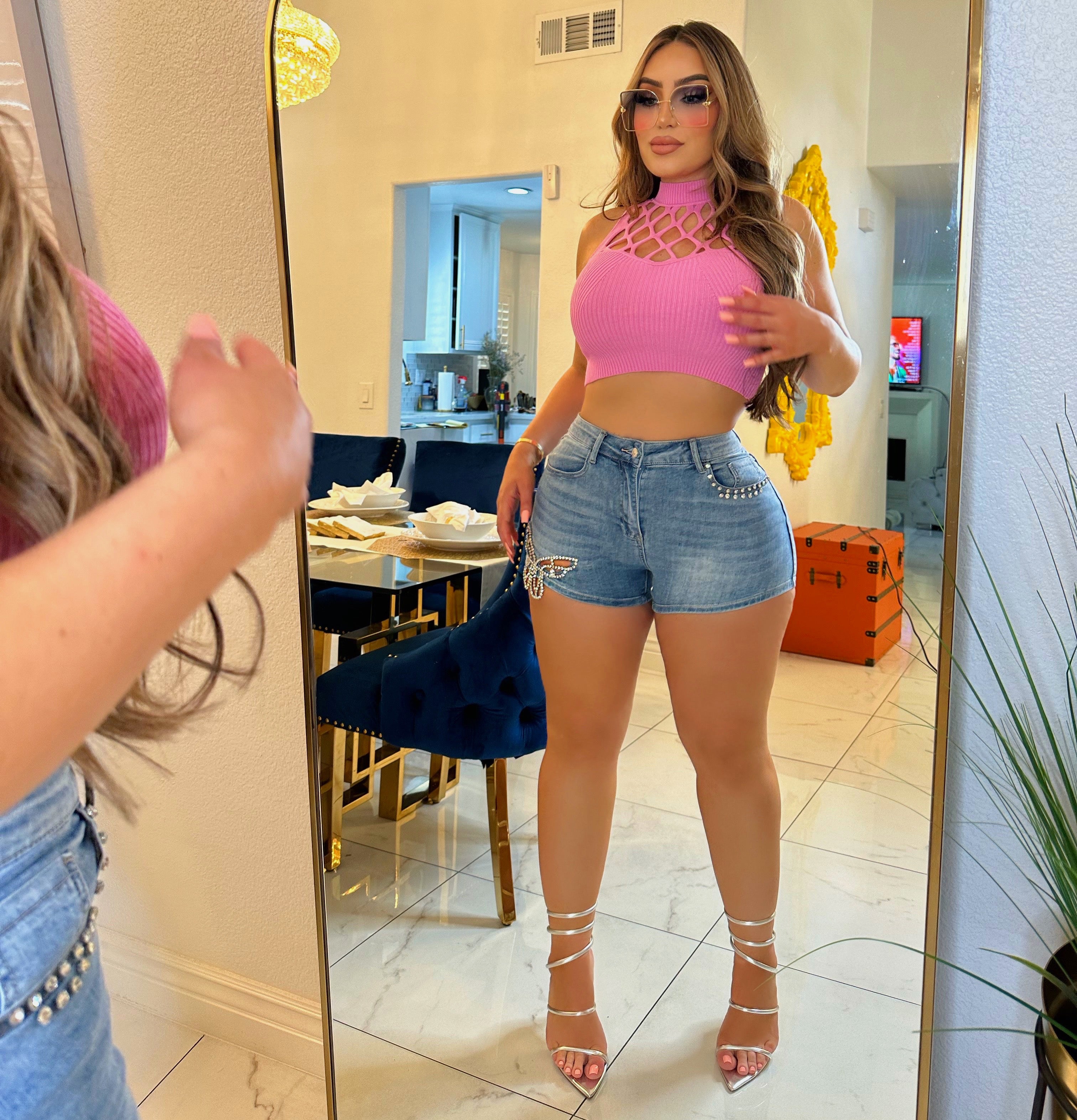 Butterfly rhinestone denim short