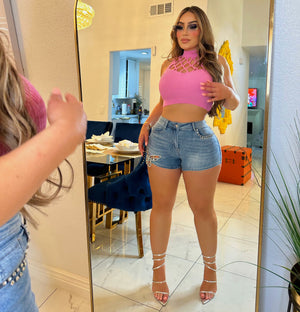 Butterfly rhinestone denim short