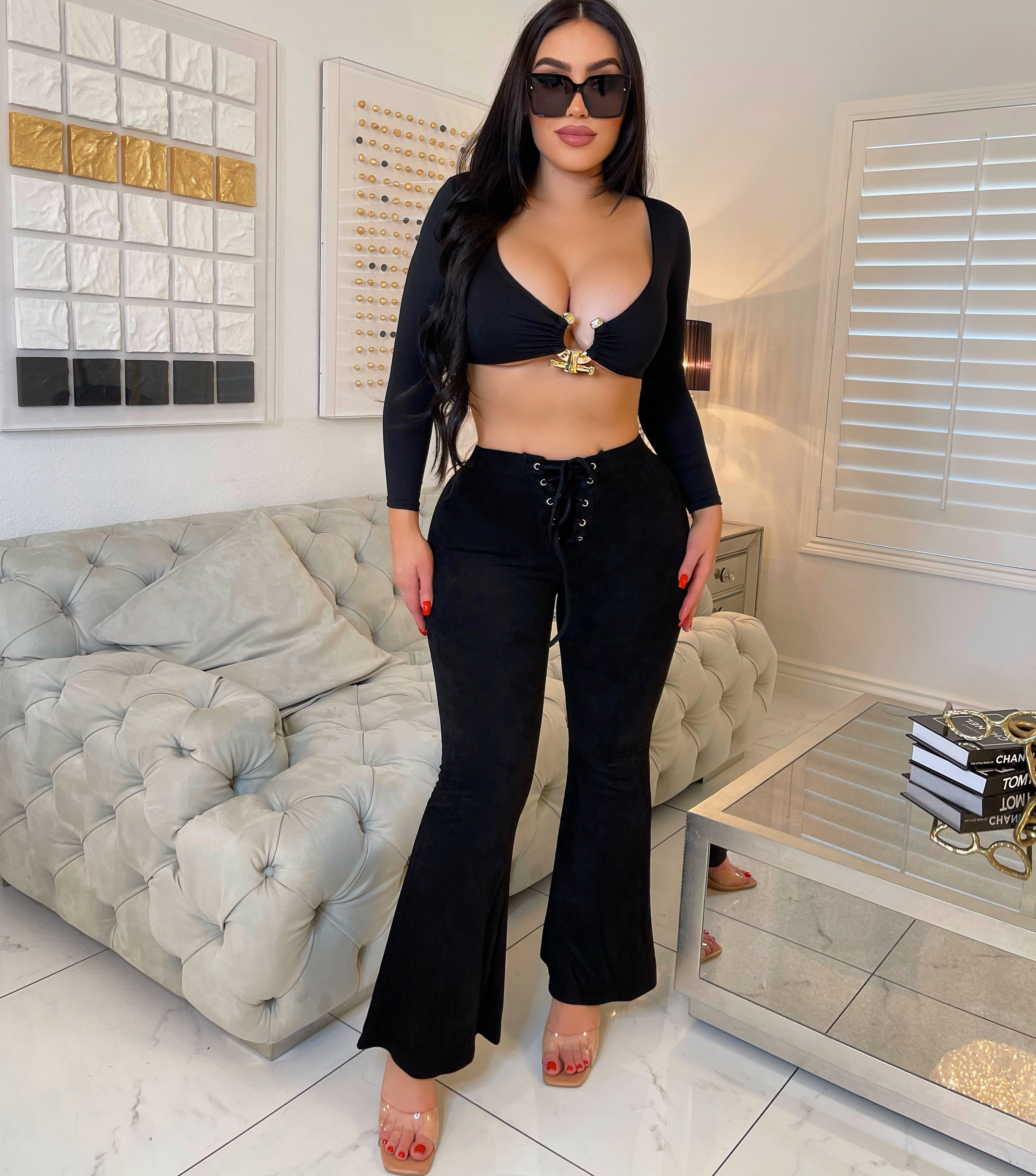 Lace up suede bell bottoms