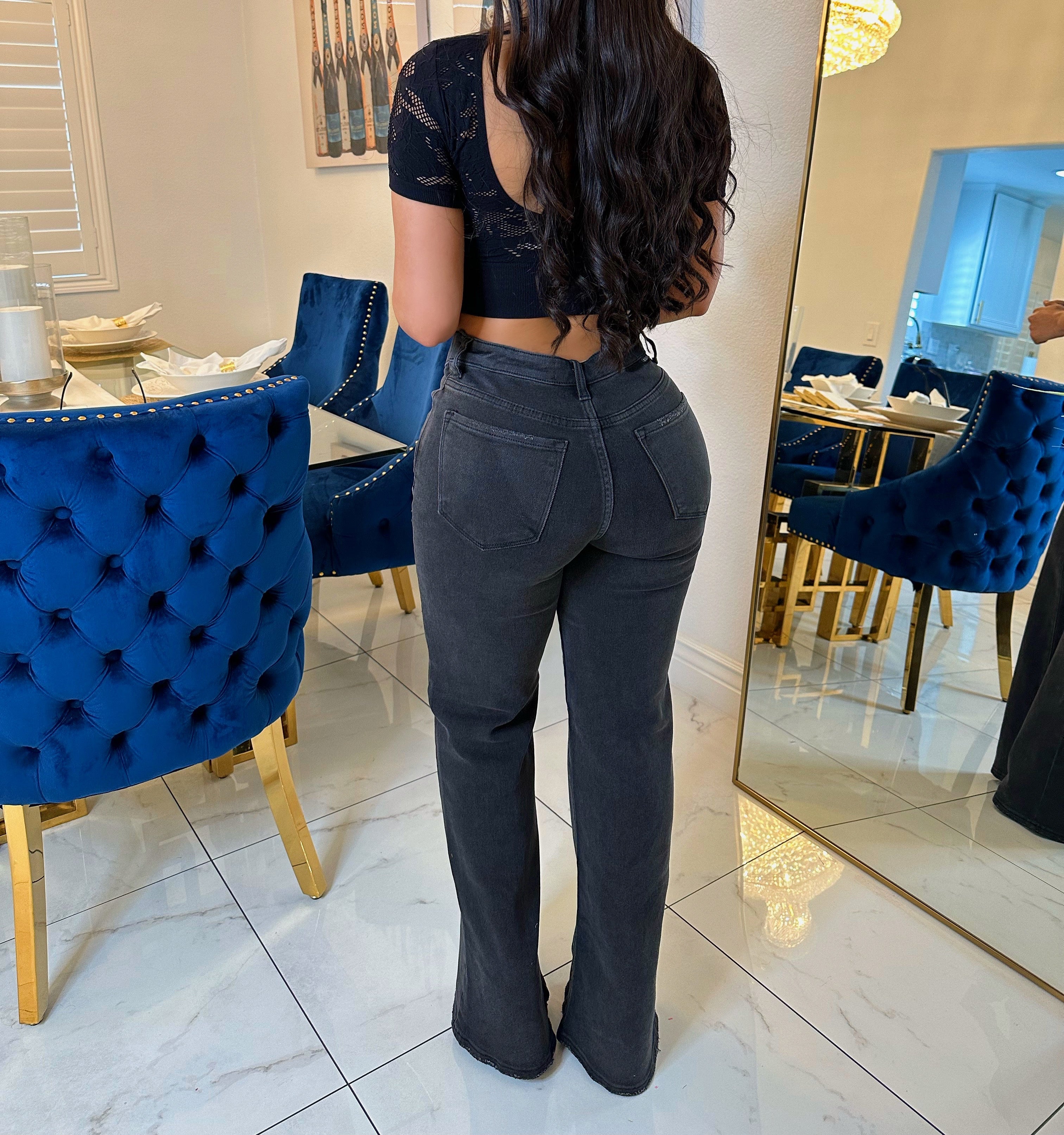 Folded waist straight jeans