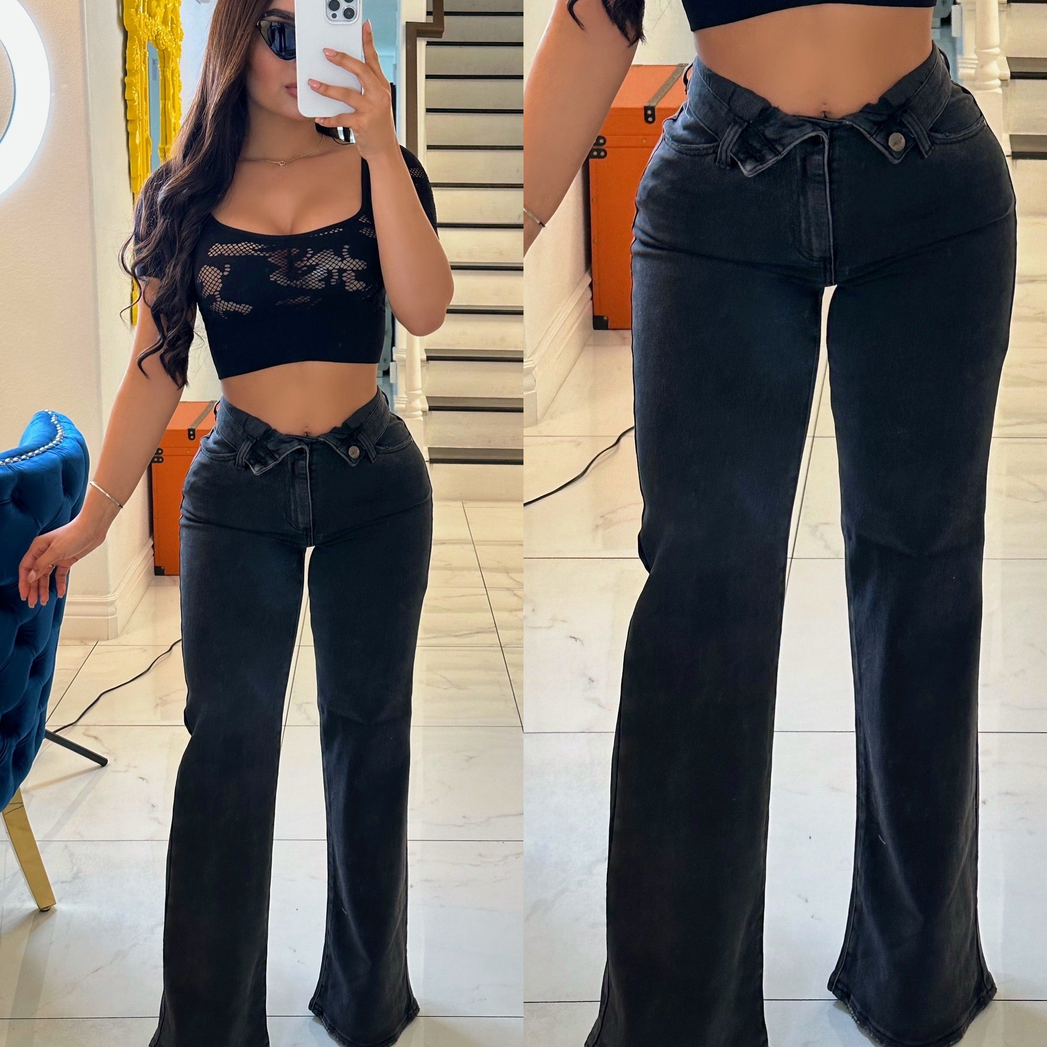 Folded waist straight jeans