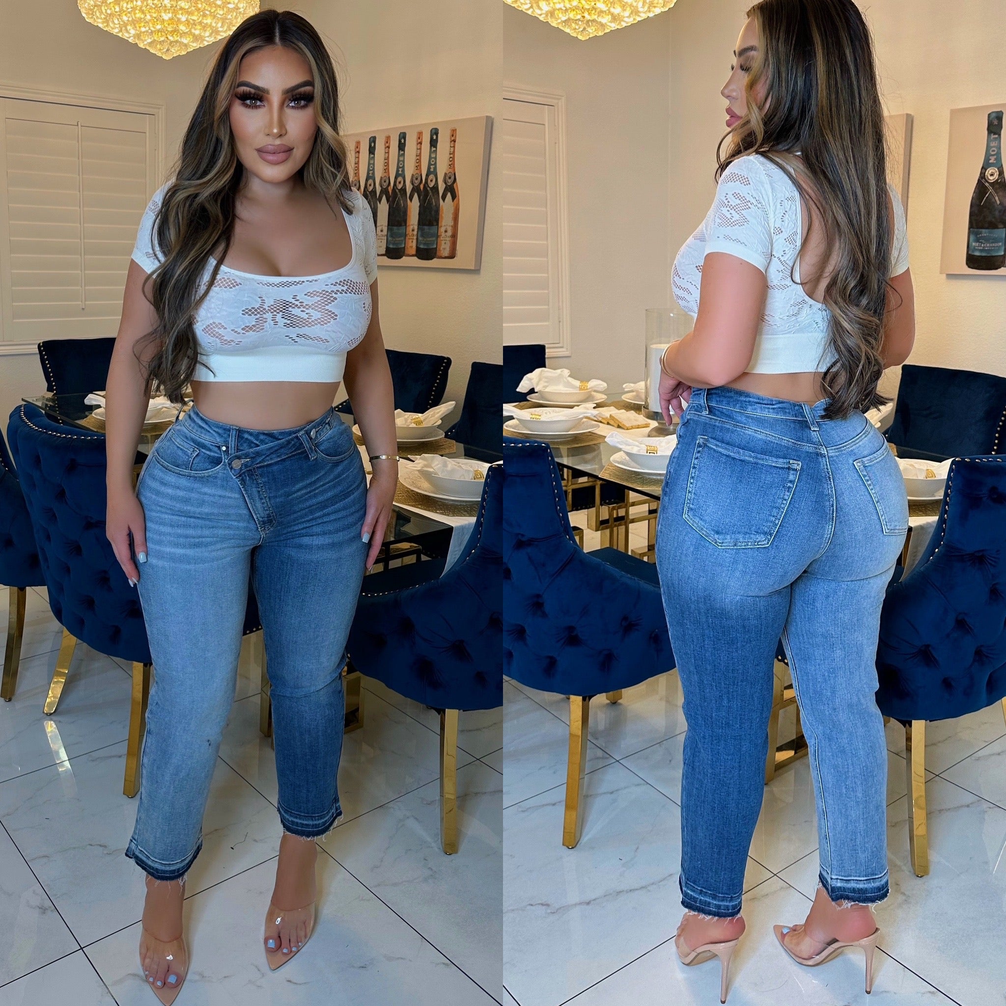 Blue two tone crossover ankle jeans