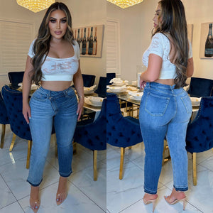 Blue two tone crossover ankle jeans
