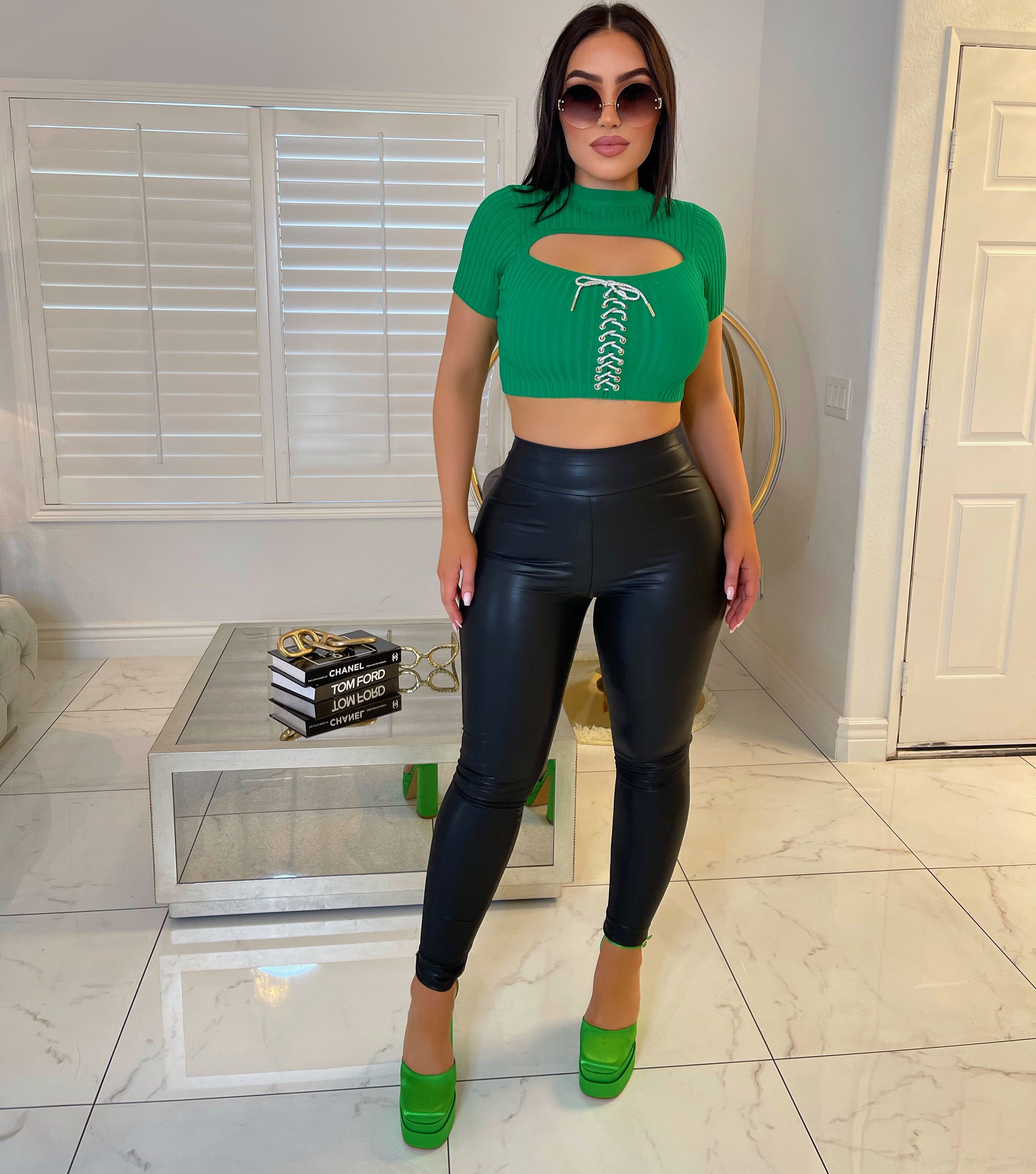 Rhinestone laced top-Green