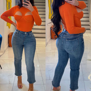 High-rise crossover zipper front jeans