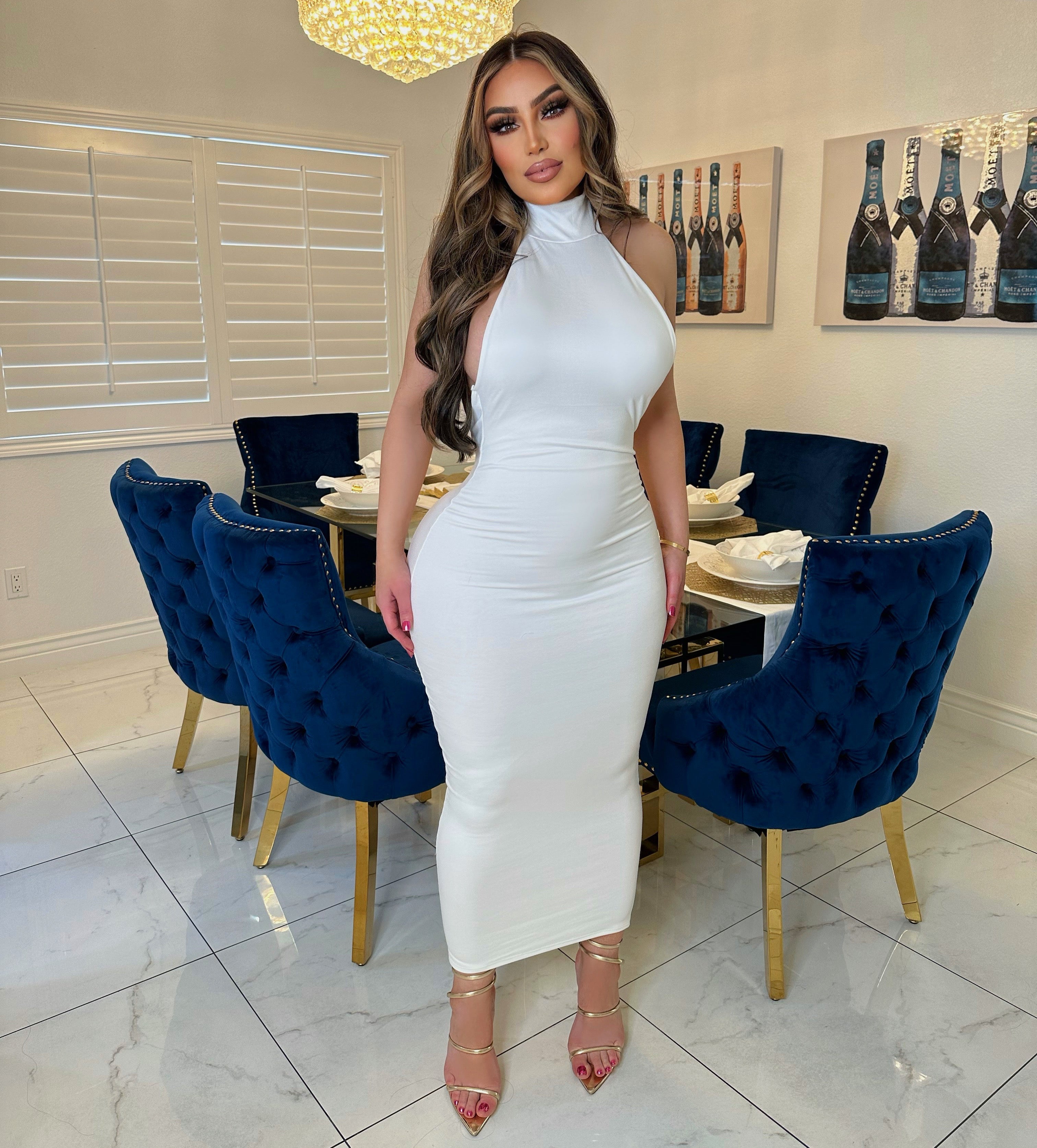 V back hardware maxi dress-White